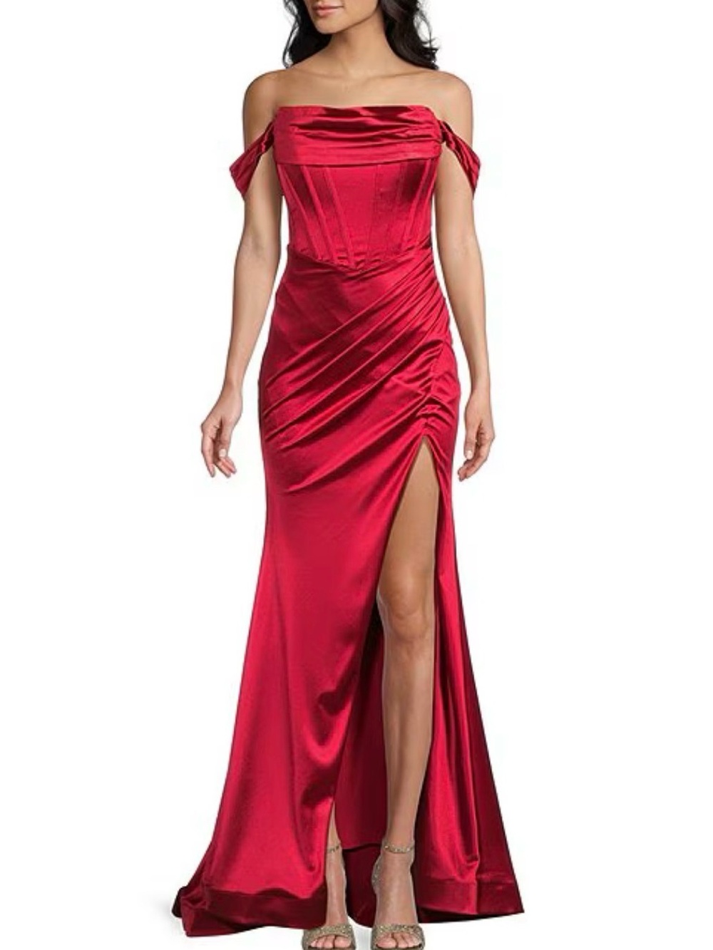 Honey and Rosie Off-Shoulder Red Satin Prom Gown with Thigh Slit